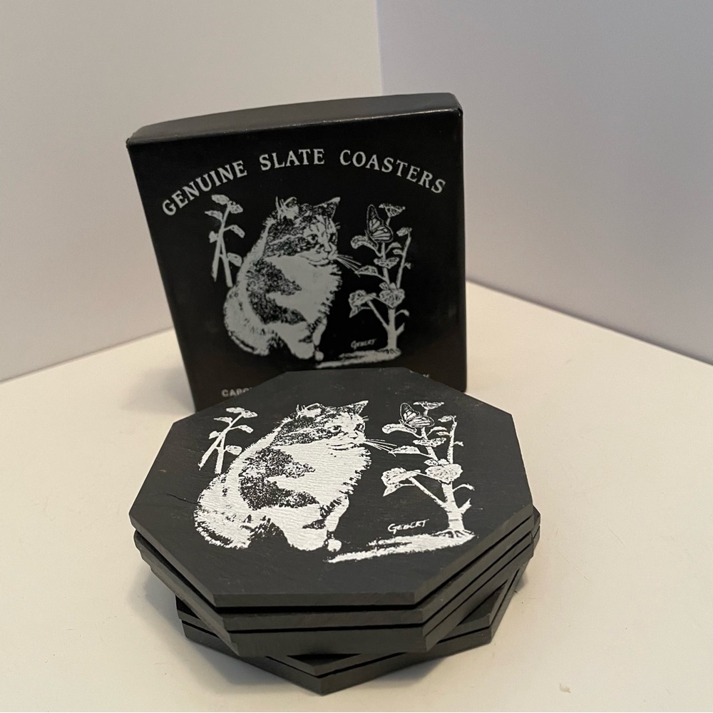 Set of 6 Slate Coasters‎ Cat Butterfly Quarried by Capozzolo Brothers Bangor PA